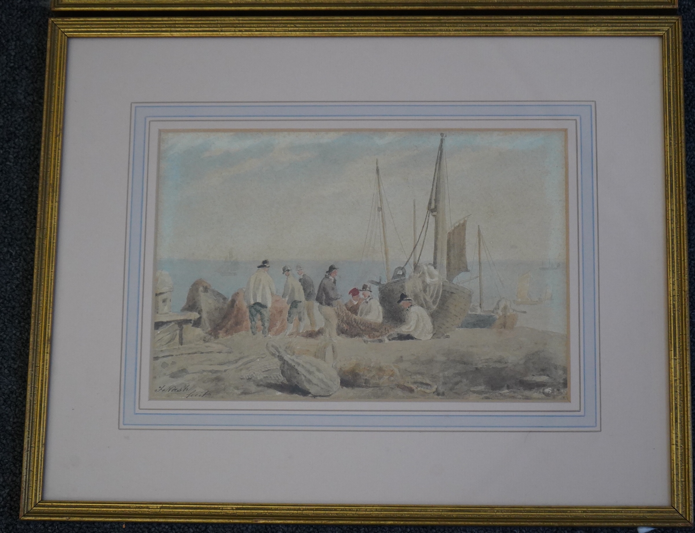 Frederick Nash (British, 1782-1856), Fishermen and boats on Brighton beach, watercolours, a pair, 16.5 x 25cm